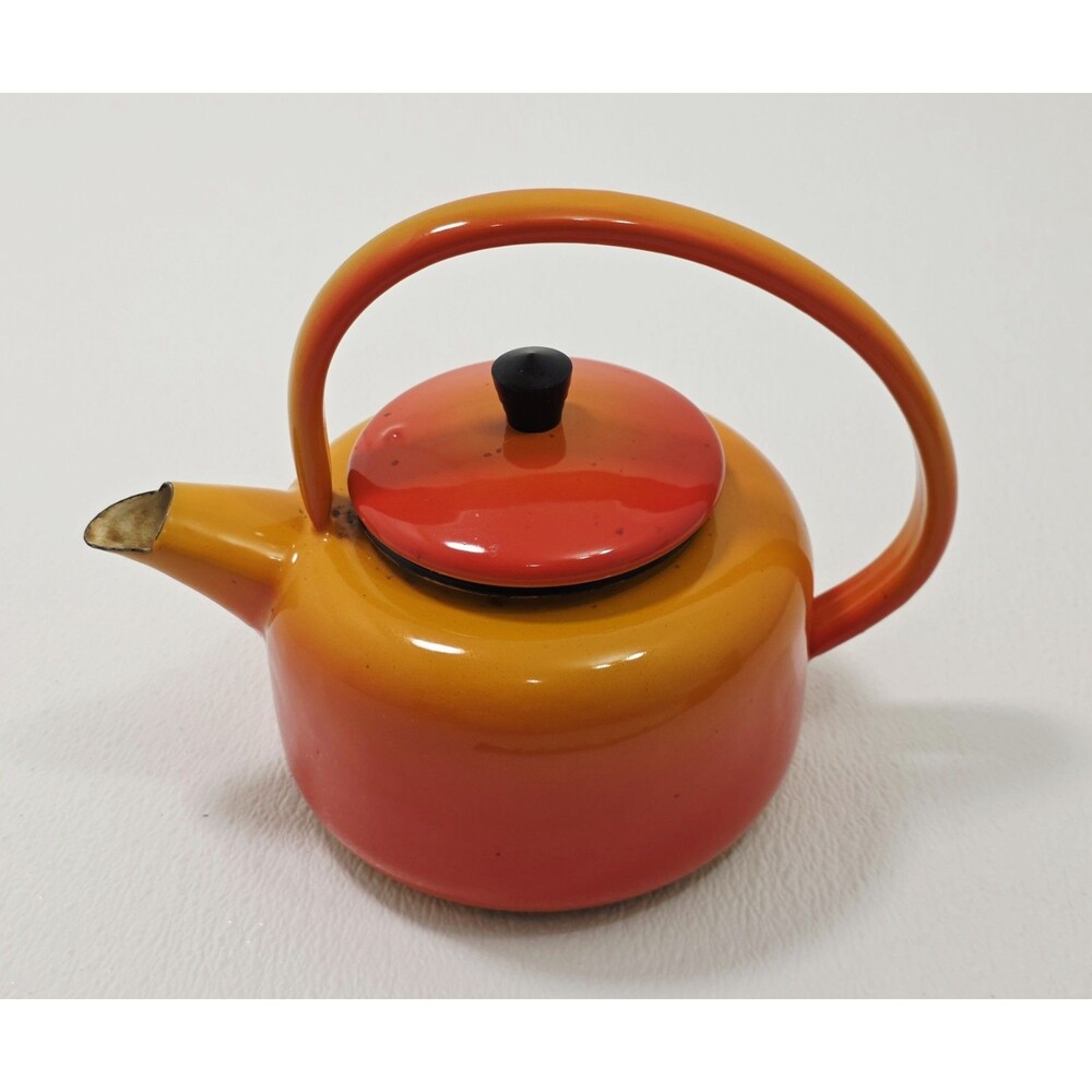 Vintage Orange Aubecq Enamelware Kettle MCM Teapot Made In France French Country